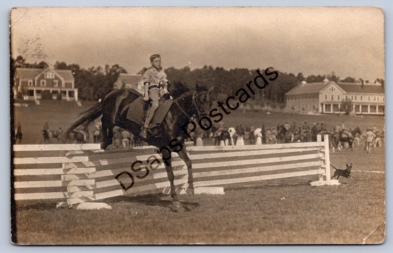 K69/ Fort Dodge Iowa RPPC Postcard c1910 Child Horse Jumping Fence Dog 447