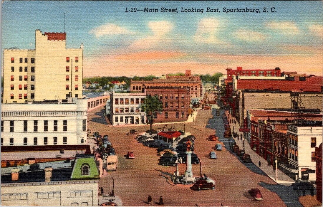 Spartanburg South Carolina Main Street Looking East Linen Unposted Postcard