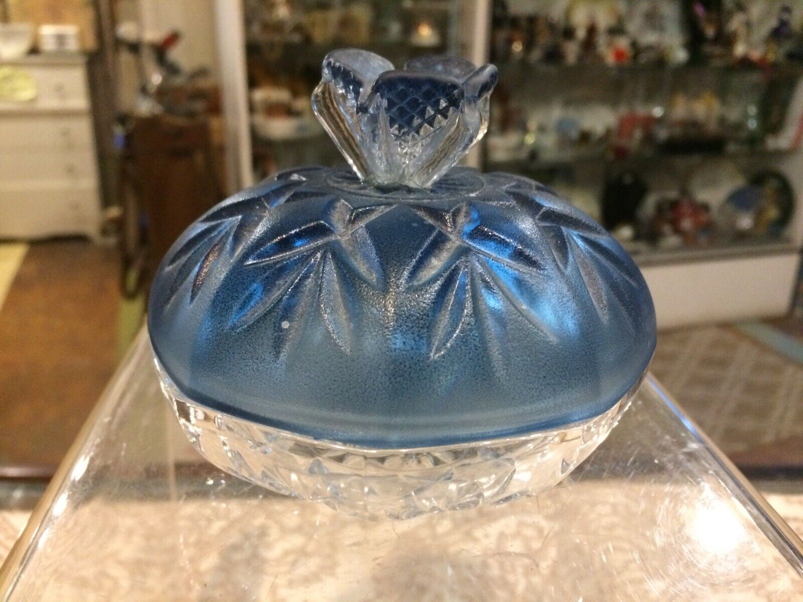 Vintage Antique Blue Glass  Crystal Vanity Candy  Trinket Stash Box 4x3” Covered