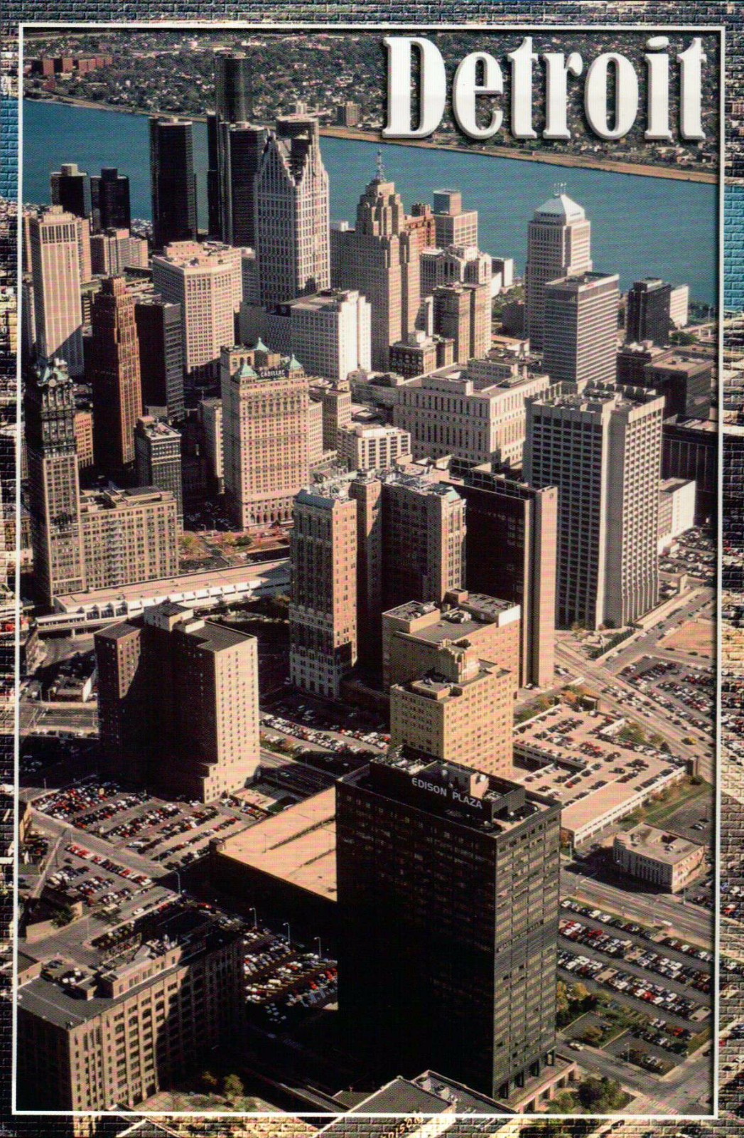 Aerial View Downtown Detroit Michigan, Edison Plaza, Streets, Cars etc. Postcard
