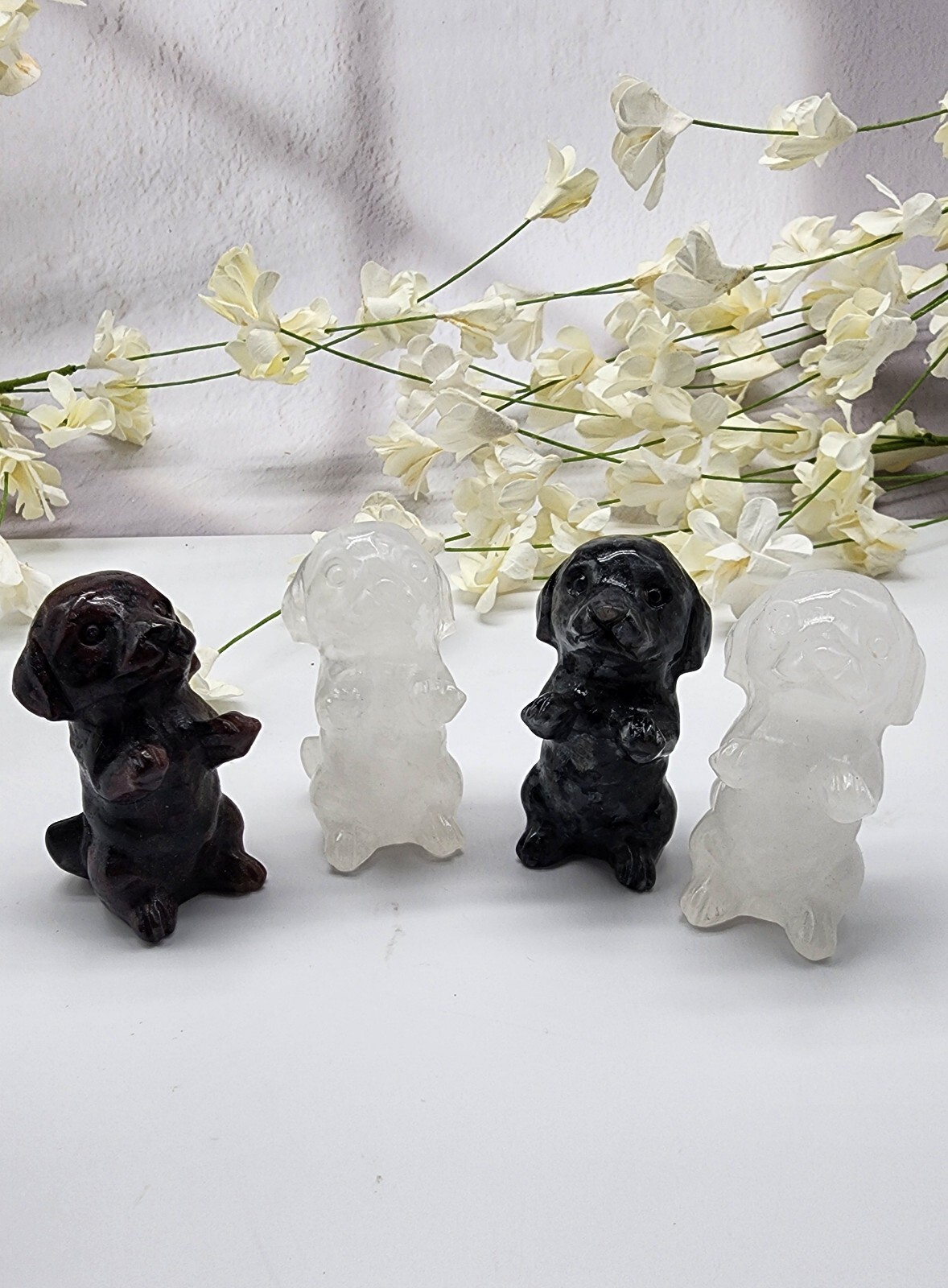 Wholesale Lot 4 Mini Crystal Dog Carvings, Cleat Quartz, Fireworks And Garnet