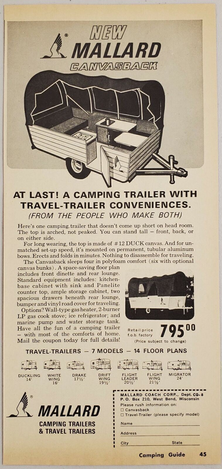 1965 Print Ad Mallard Tent Camping Travel Trailers Made in West Bend,Wisconsin