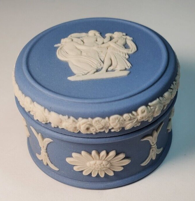 Wedgwood Blue Jasperware Trinket Box & Lid Jewelry Pill Ladies Dancing Vintage