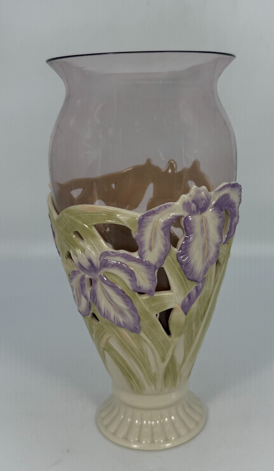 Lenox Purple PIERCED IRIS VASE Porcelain Glass Insert VINTAGE