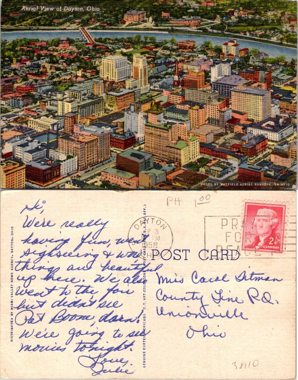 Dayton OH Aerial View of City Postcard Used (38110)
