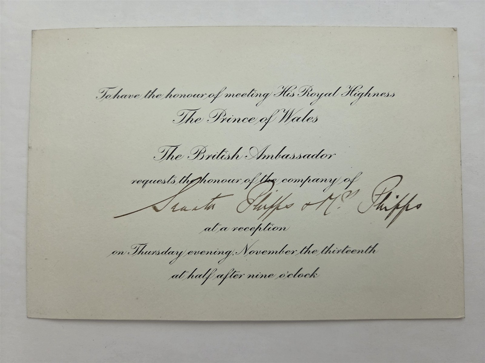 1919 antique PRINCE of WALES washington dc BRITISH EMBASSY INVITE Senator PHIPPS