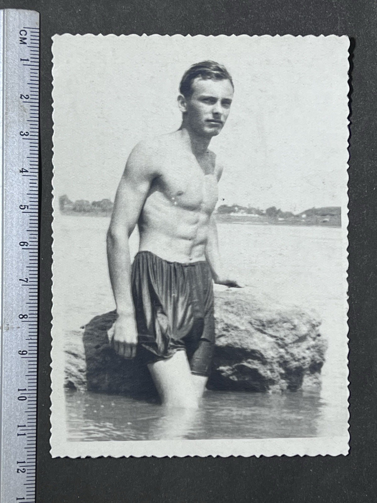 Vintage USSR Beach Photo Young Man in Swim Trunks Soviet Life Gay Interest