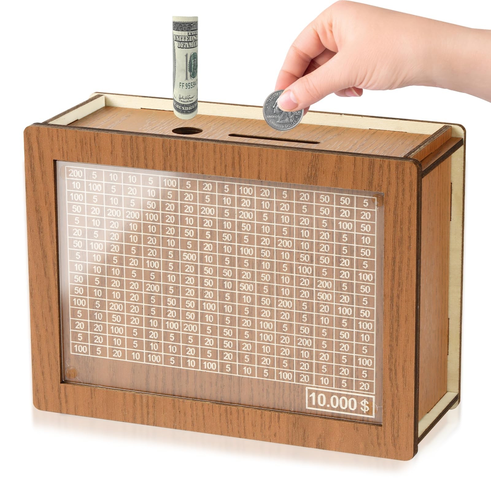 10K Savings Challenge Box Wooden Money Bank Cash Vault Adults Kids