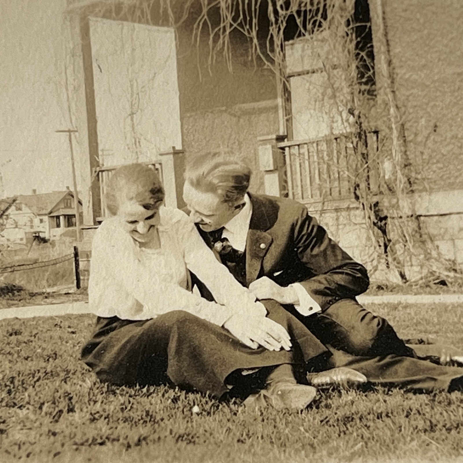 Antique B&W Snapshot Photograph Beautiful Woman Man Couple Affectionate Love