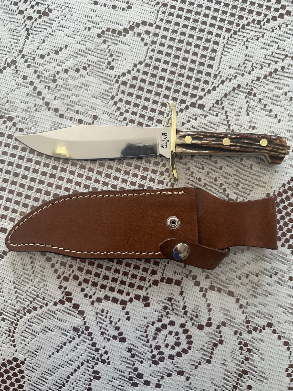 Custom Western W45 Bowie Stamped N Stag Handle With Sheath Beautiful See Desc