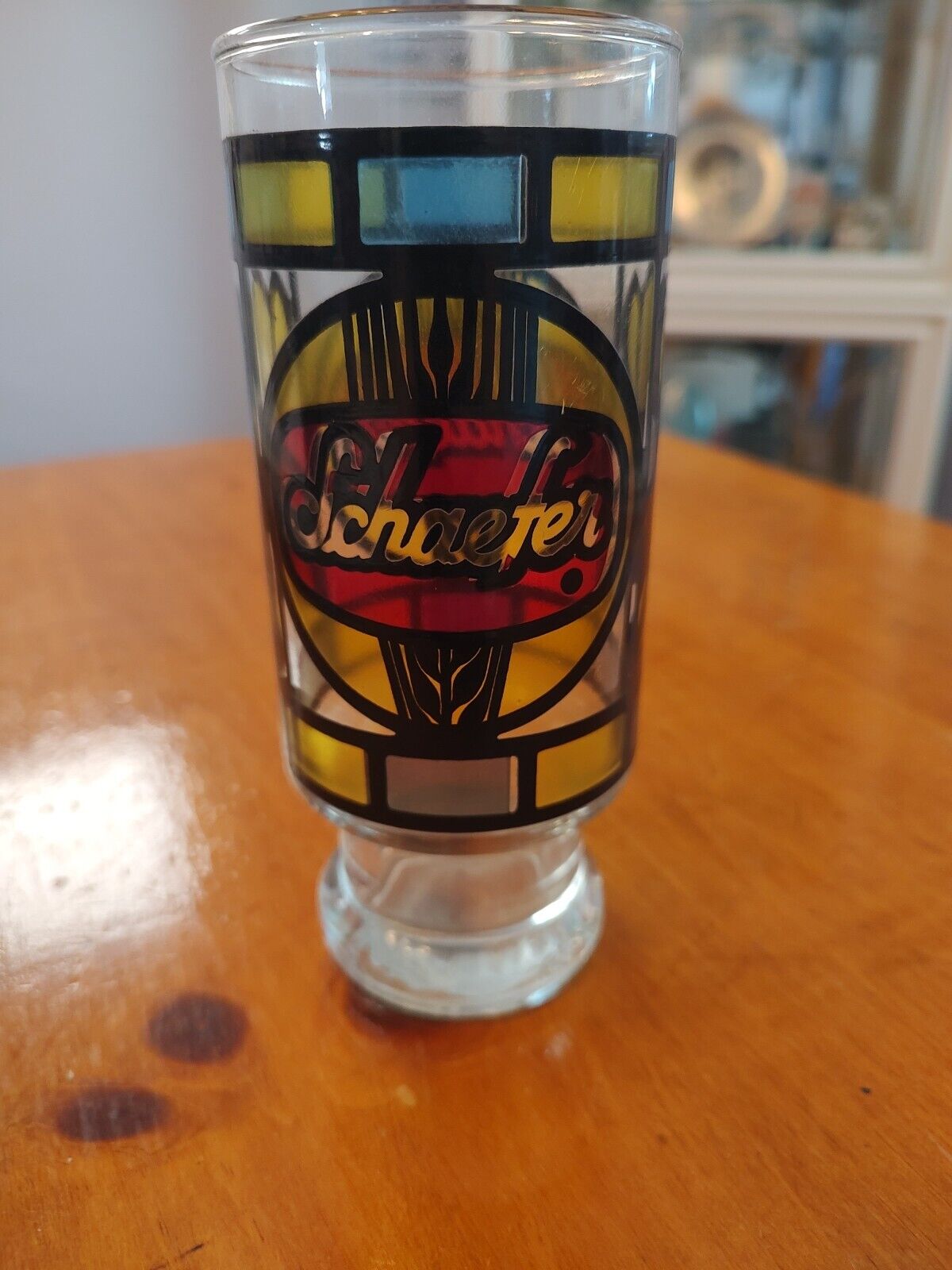 Vintage 70s Schaefer Beer  “Stained Glass” 16 oz 6.5 inches Anchor Hocking HTF