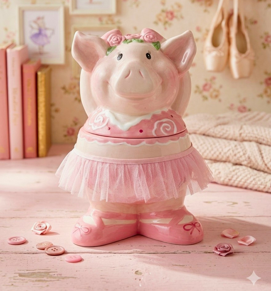 Vintage Ceramic Ballerina Dancing Pink Pig Cookie Jar with Pink Tutu 11.5