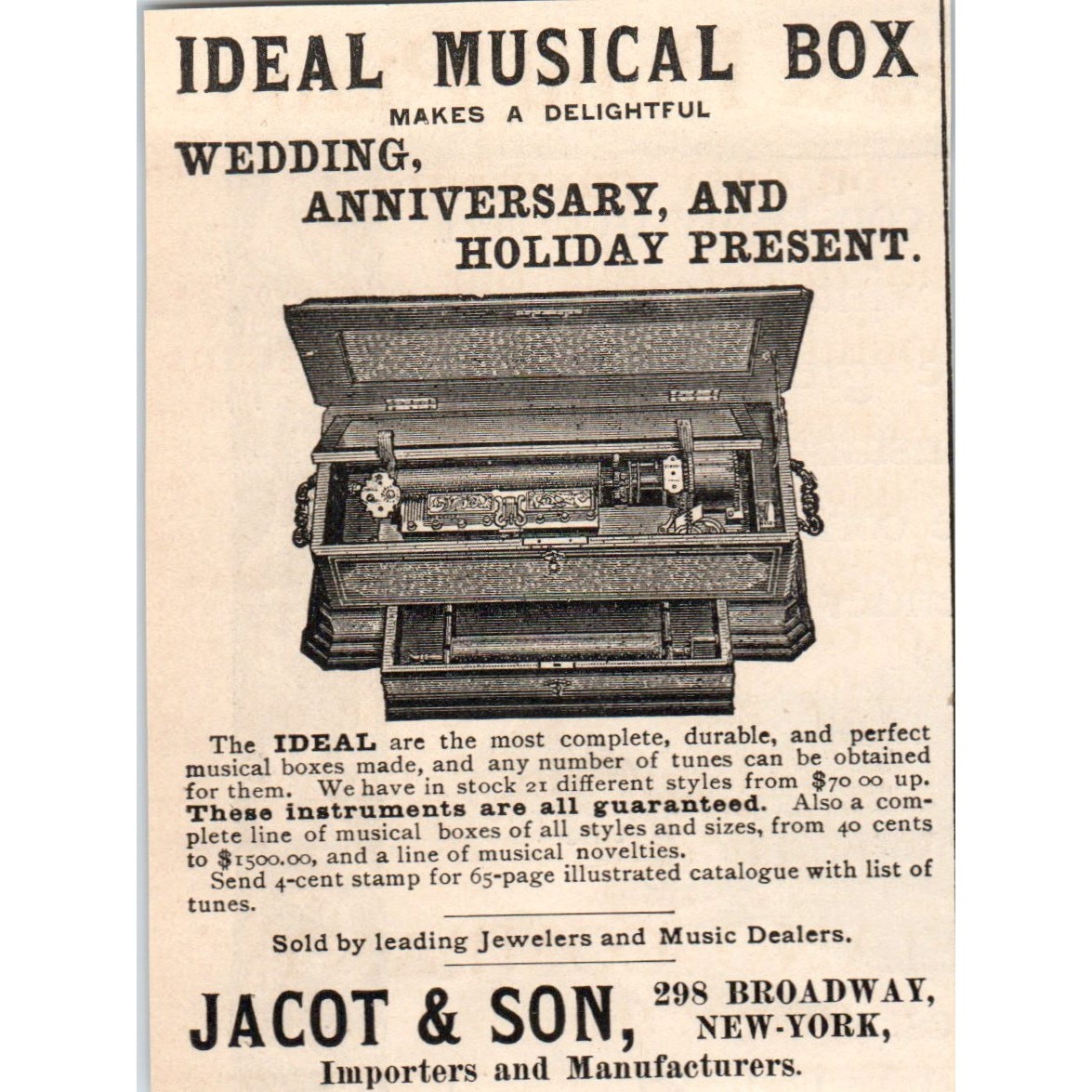 Jacot & Son Ideal Music Box Broadway New York 1892 Magazine Ad AK6-M1