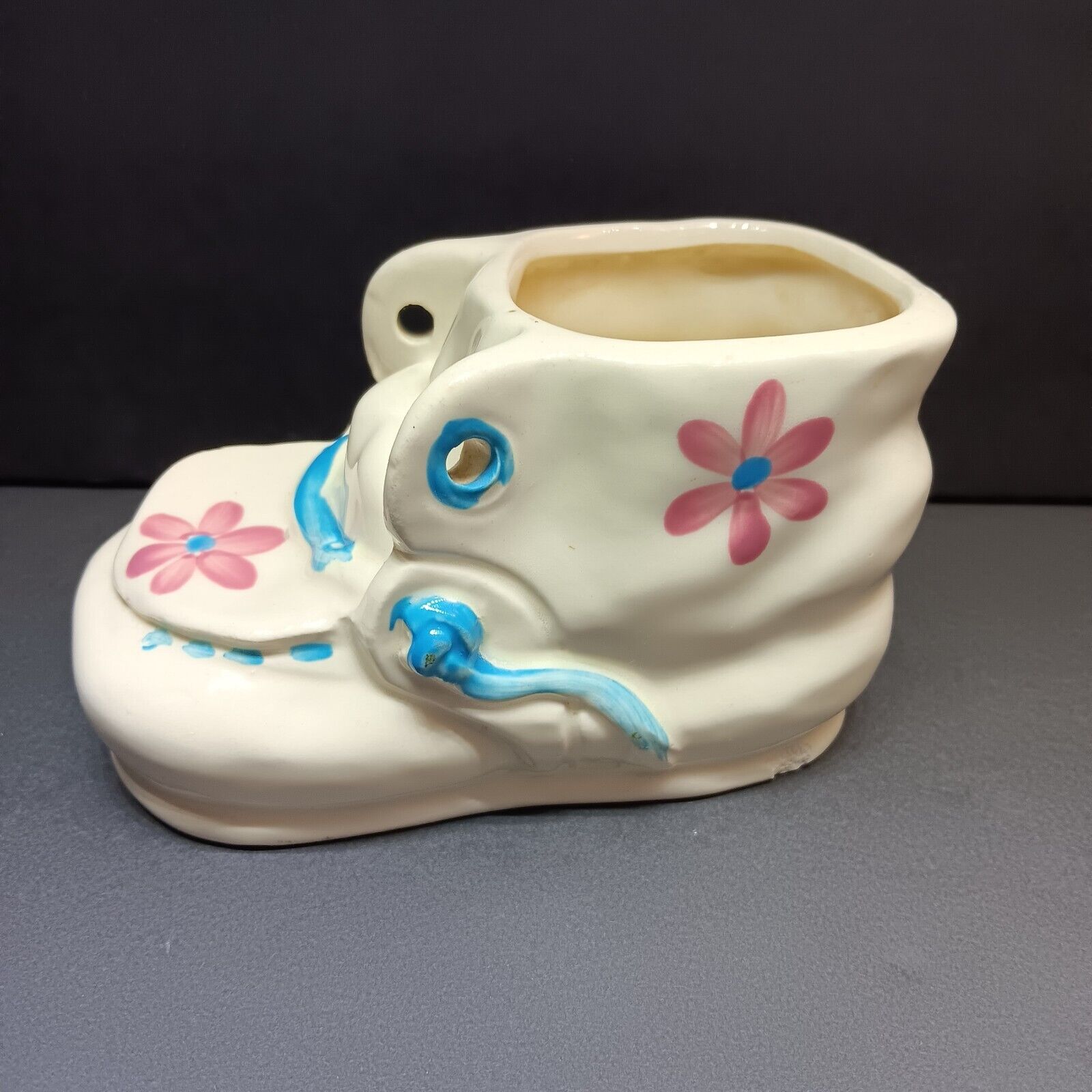 Vintage Glazed Ceramic Baby Shoe Boot Planter Blue White Painted MCM Small Chip