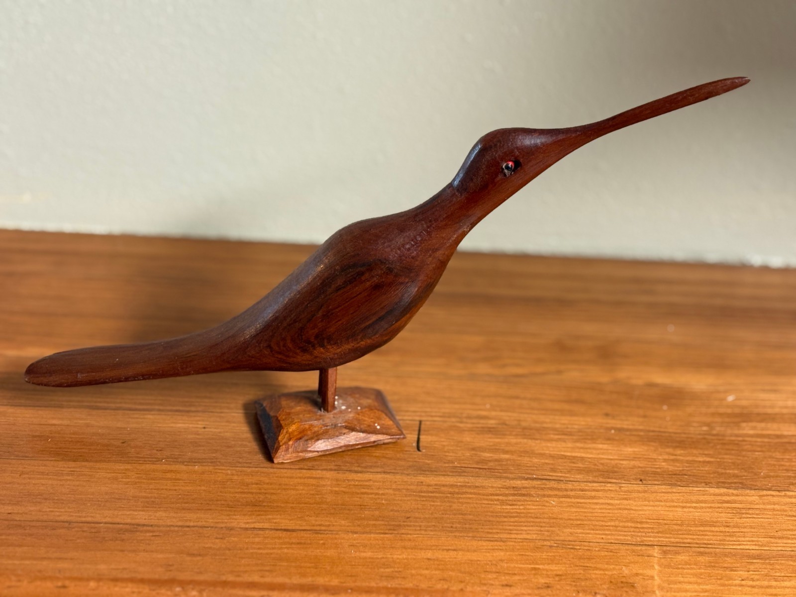 Vintage Mid-century Hand-carved Wooden Shorebird Sculpture on Wood Base