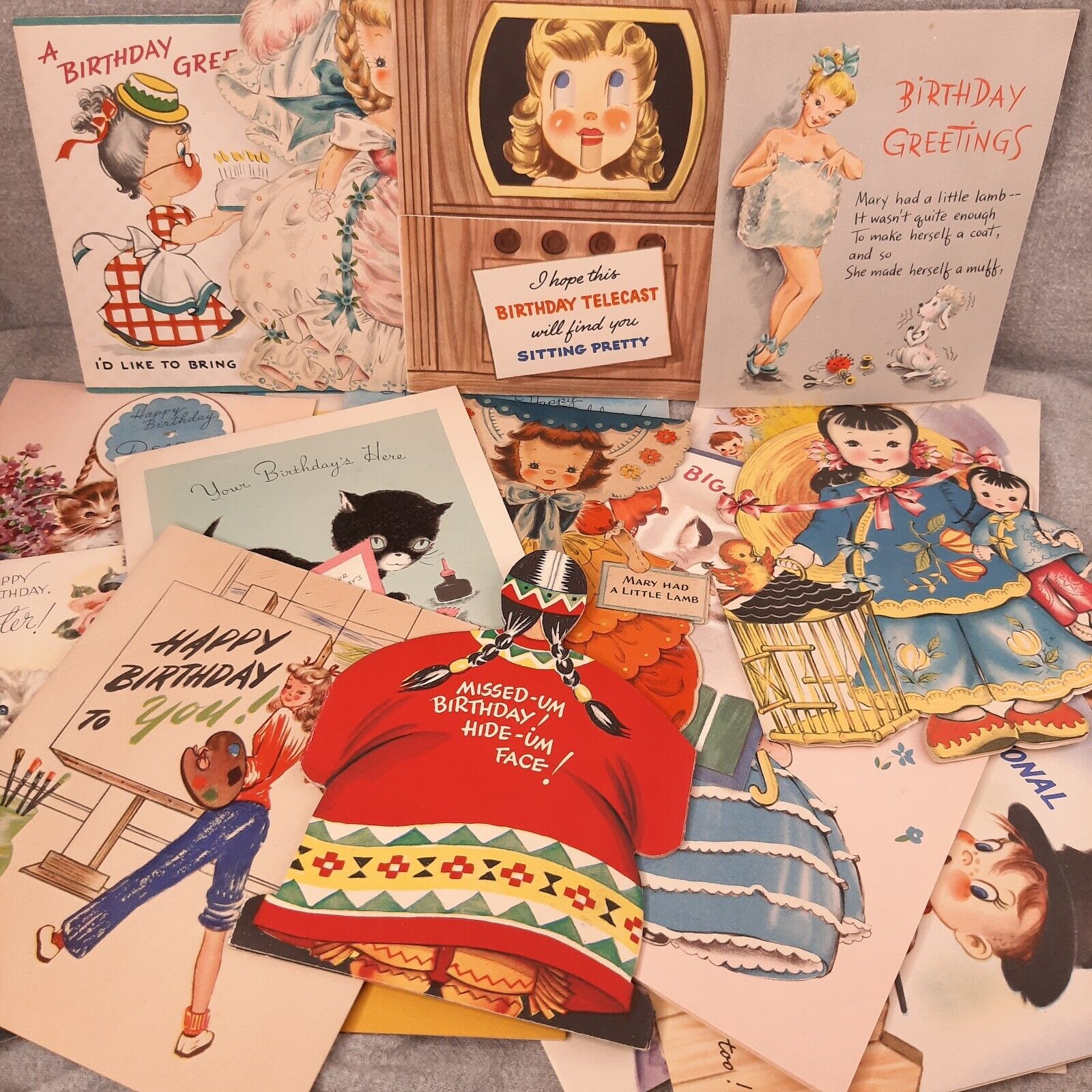 1950's Birthday Card Lot Vintage Cards To Little Girl, Kittens, Ladies, 40s/50s