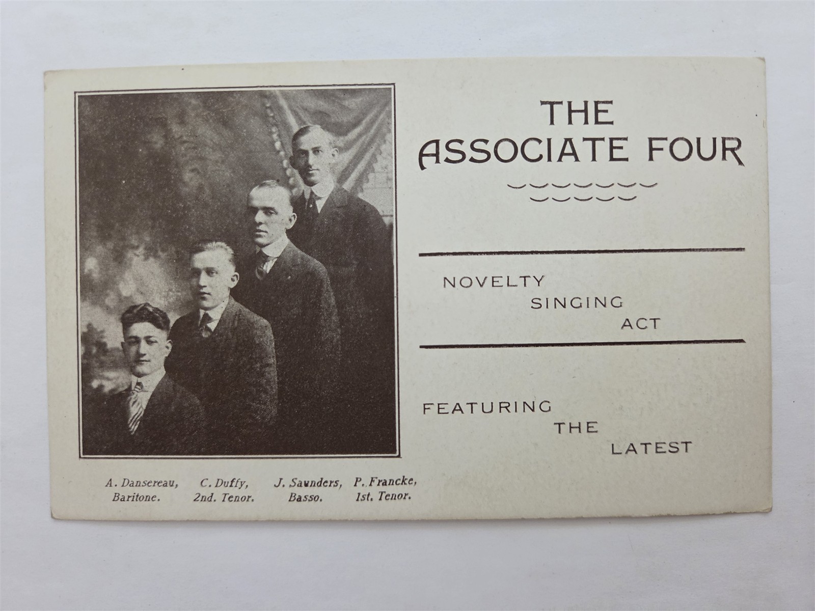 c1910 antique THE ASSOCIATE FOUR vaudeville NOVELTY SINGING ACT PHOTO ad CARD