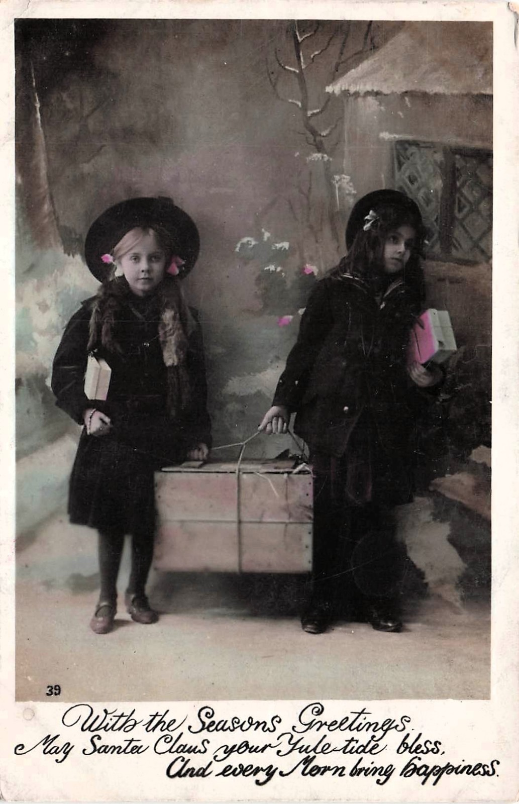 RPPC Edwardian Girls Carry Postal Parcel Christmas Santa Photo Postcard J55