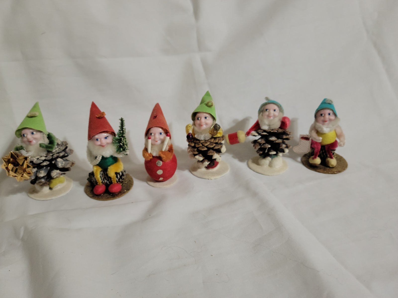 6 Vntg Shiny Brite Christmas Pinecone Dwarfs/Elves Ornaments 3\