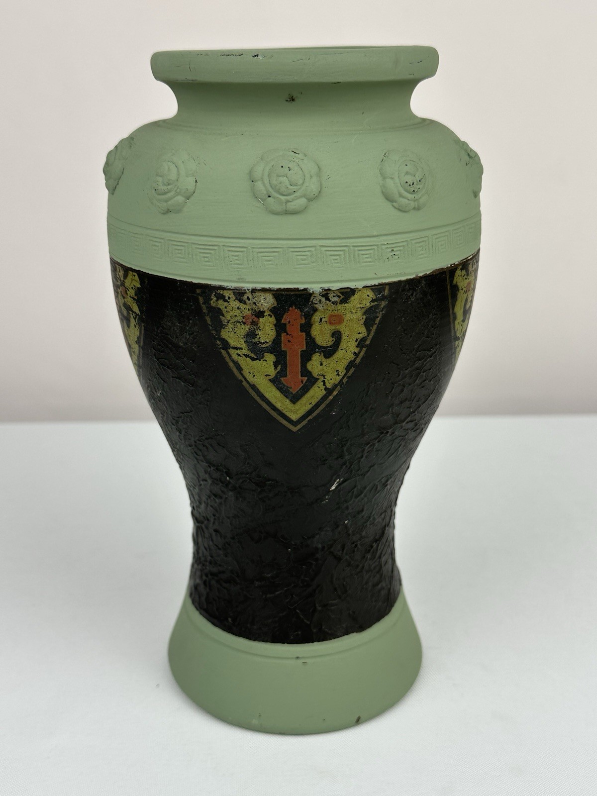 Vintage Textured Art Pottery Vase with Deep Earthtones Japanese Pattern, Japan
