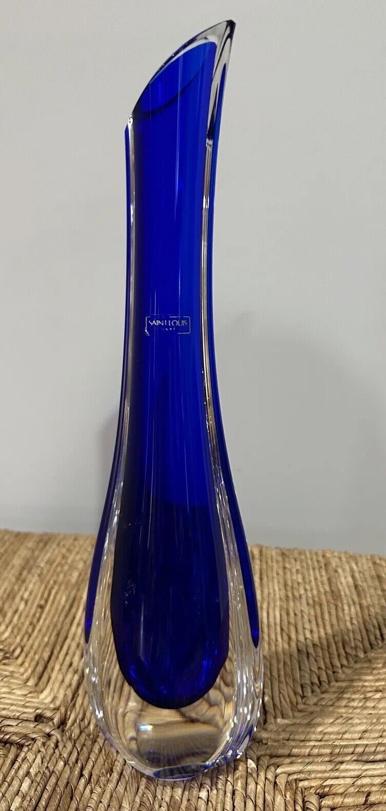 Rare St. Louis France Cobalt Blue Crystal Vase 13”Tall Mid Century Signed, Label