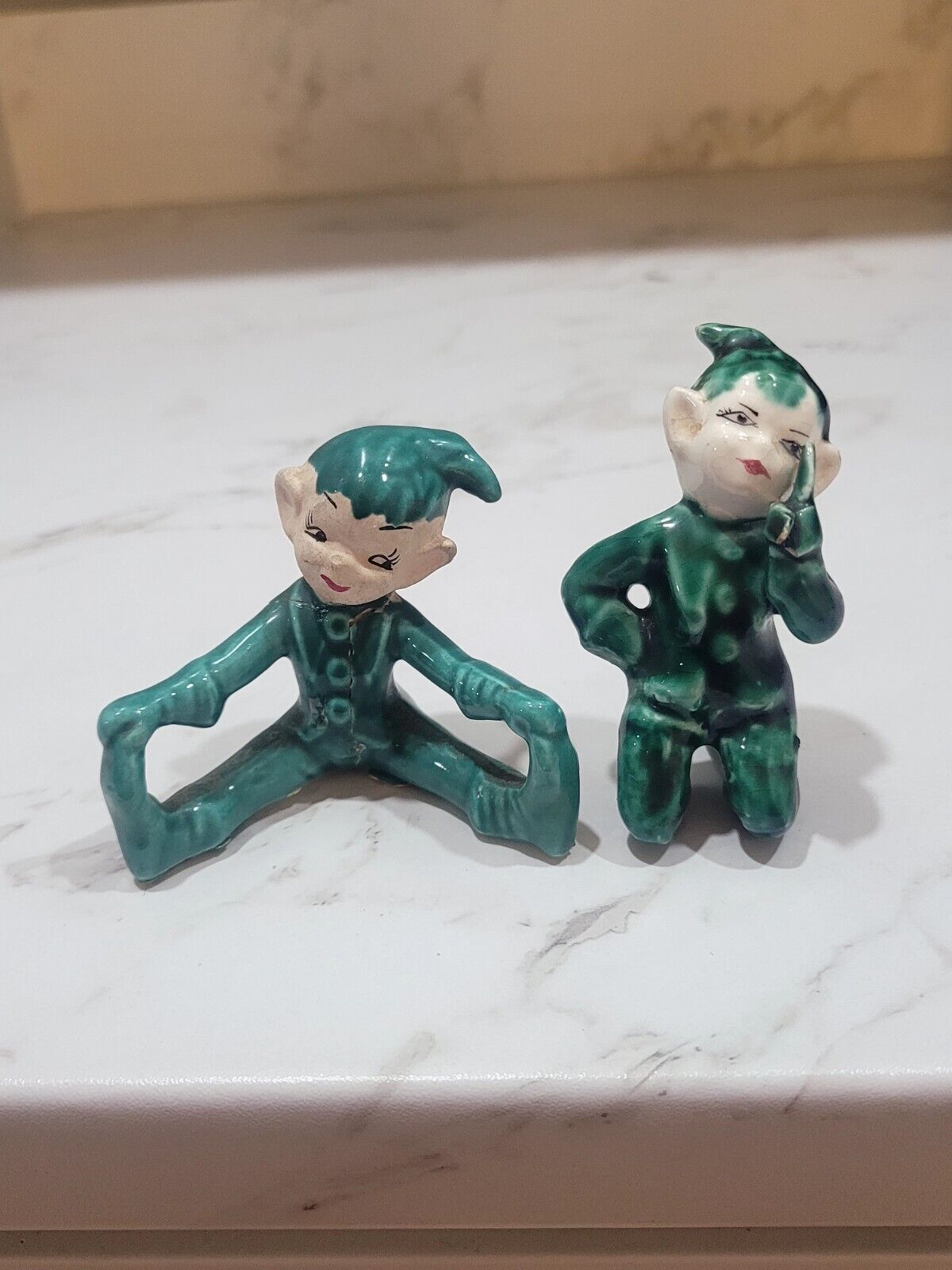 Vintage Mid Century GILNER CA Green seating Pixie Elf Ceramic Set of 2 Figurines