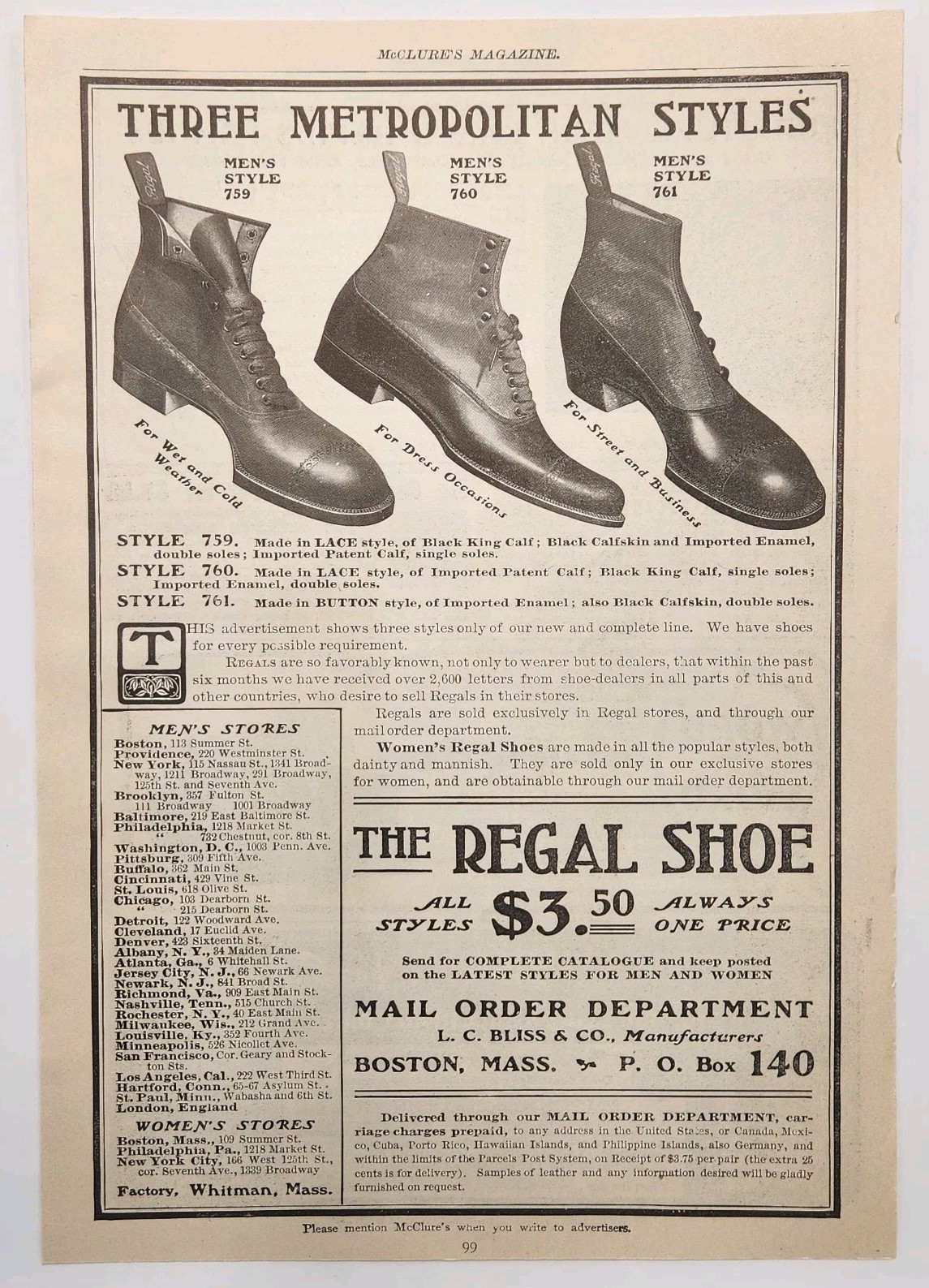 1901 Regal Shoe Metropolitan L.C. Bliss Vintage Original Print Ad Boston Mass