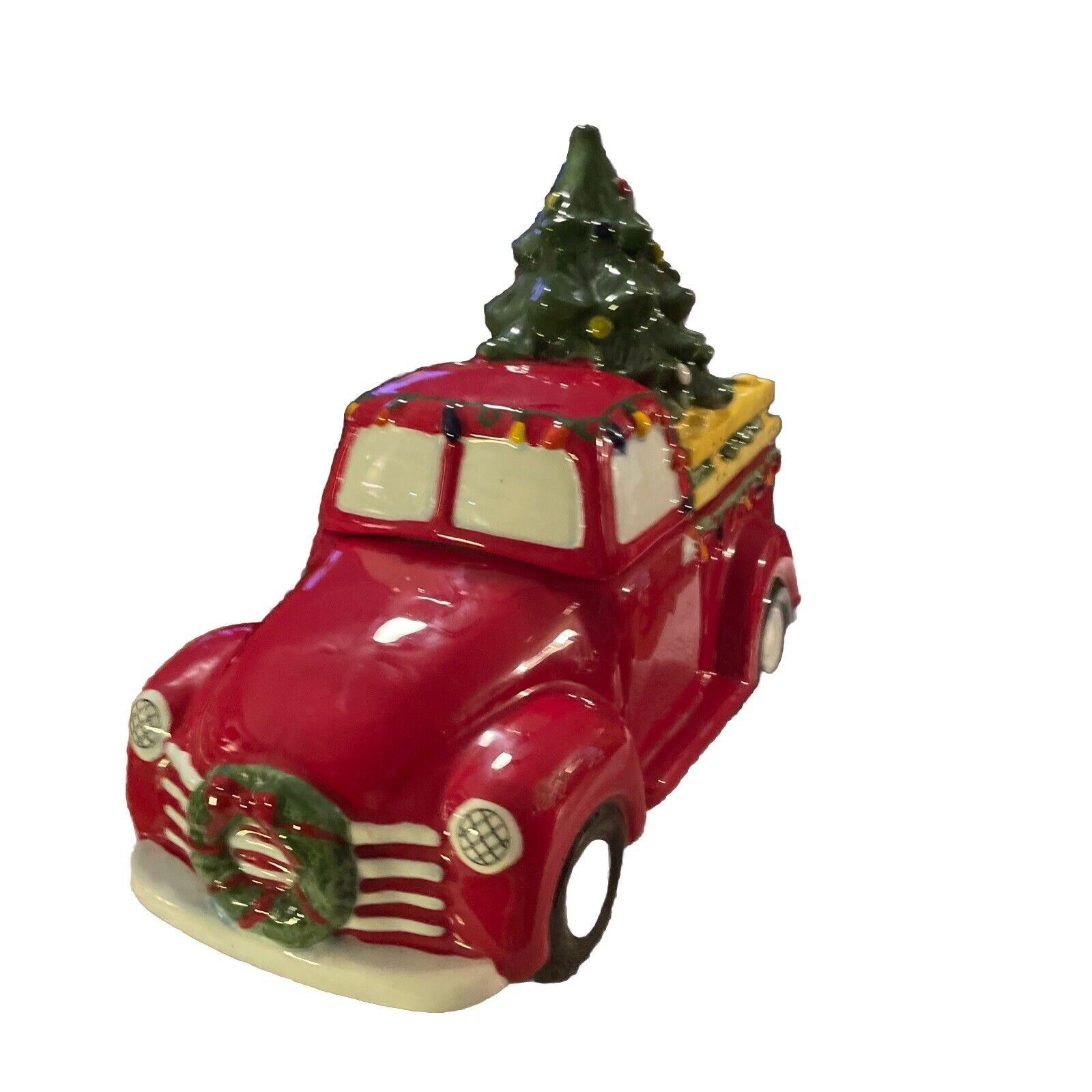 HOLIDAY TIME RED TRUCK WITH CHRISTMAS TREE COOKIE JAR EXCELLENT CONDITION CLEAN 