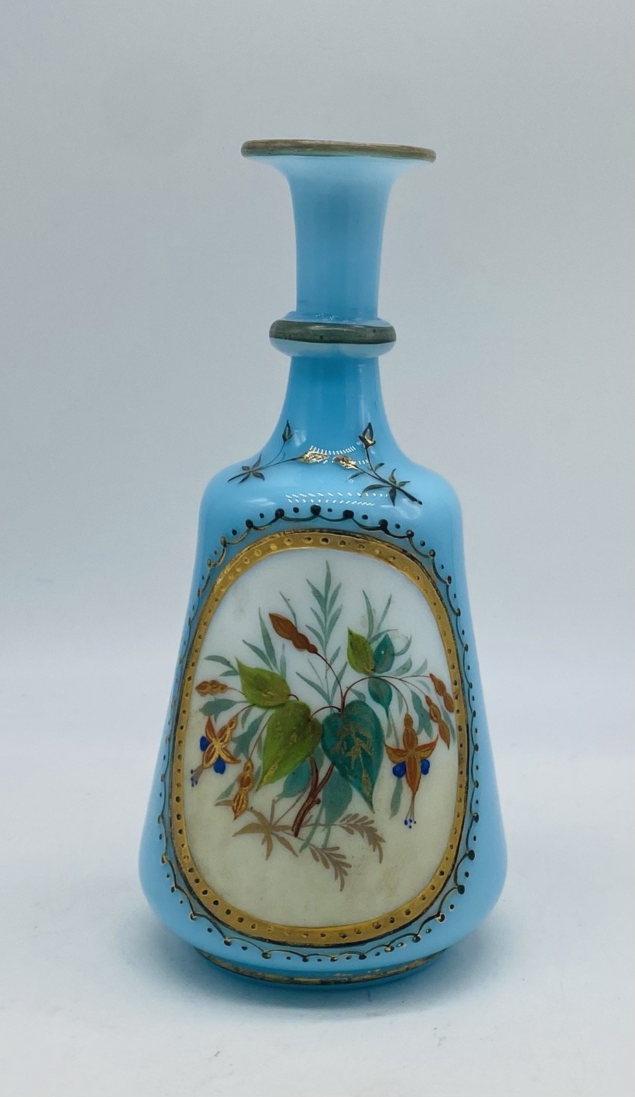 Pretty Victorian FRENCH BLUE OPALINE Glass Vase With Hand Painted Floral Enamel