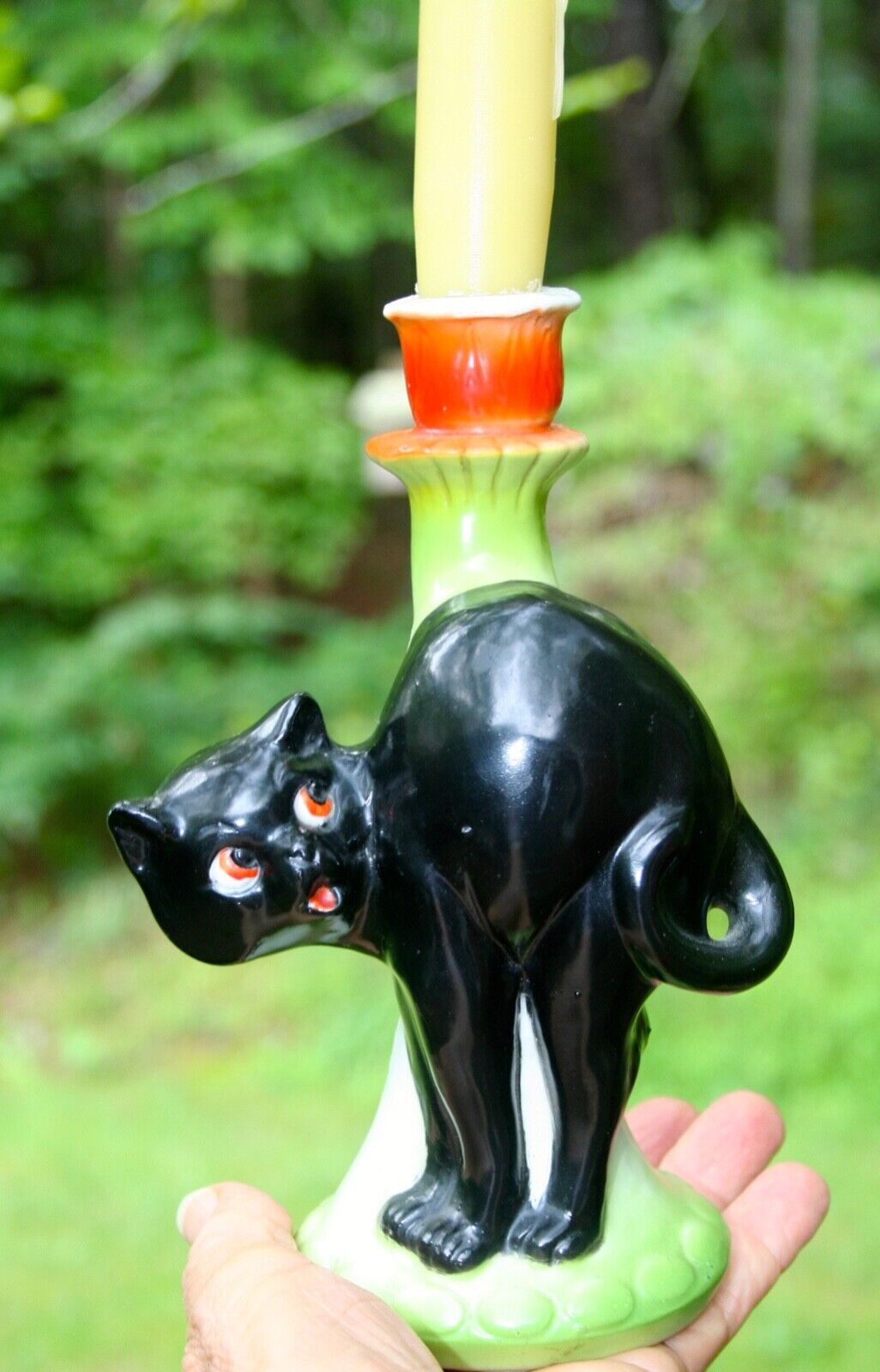Halloween Vintage 1920\'s Ceramic Black Cat Candlestick,  Germany?