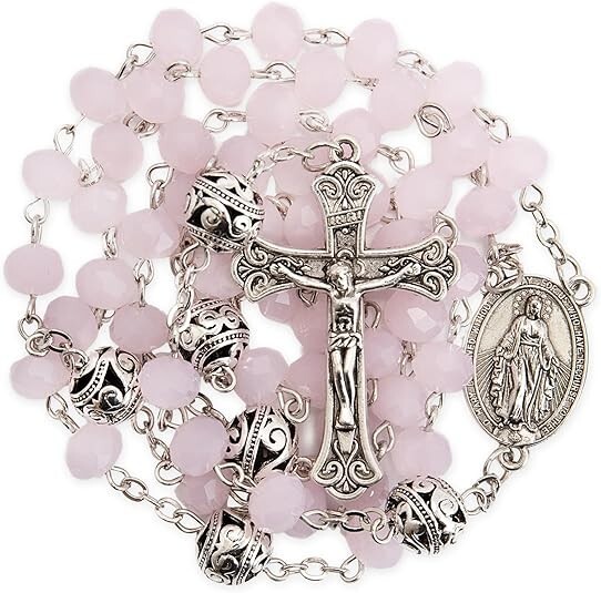 8mm Pink Jade Crystal Beads Rosary Necklace with 10mm Alloy Mystery Beads
