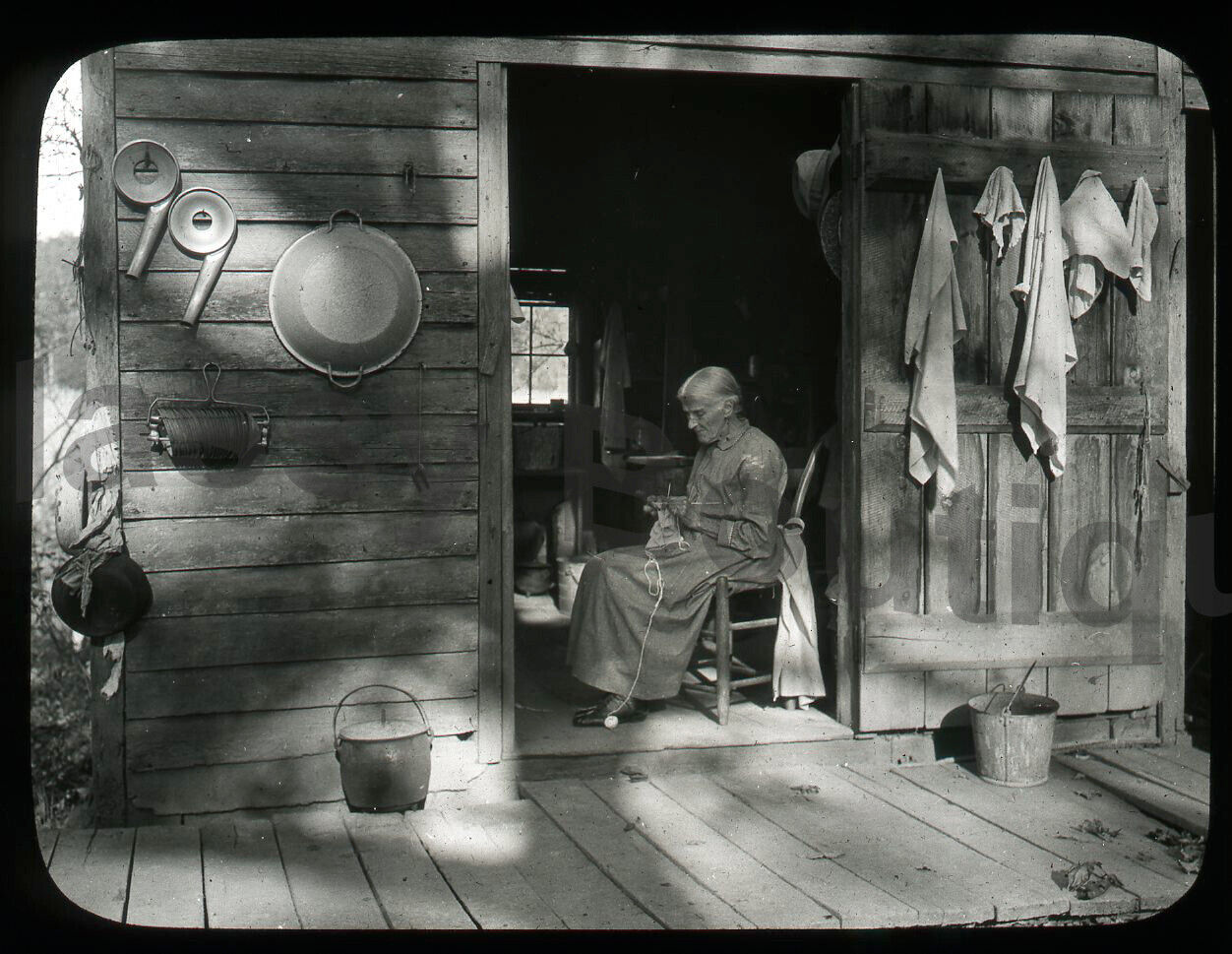 Antique 1930s Glass Slide Oddity Scarce Cabin View Grandma Crocheting Americana