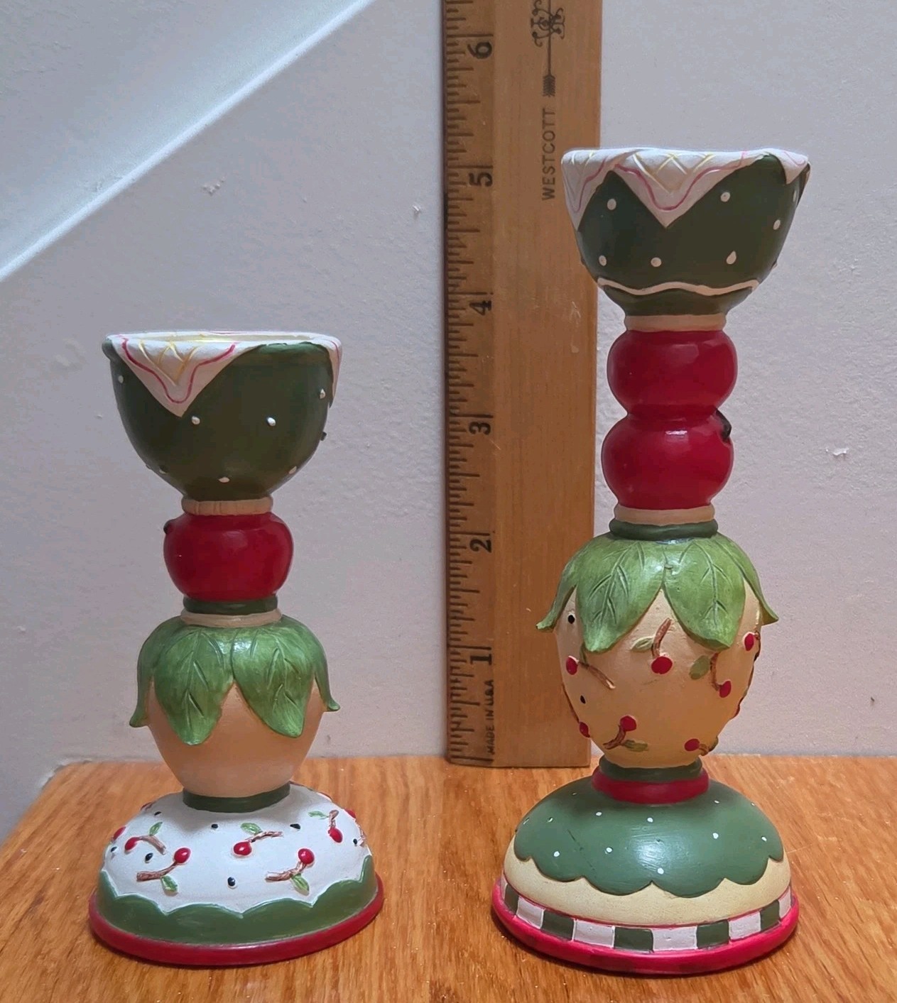 2 Vintage 1998 Mary Engelbreit Wood Taper CandleStick Christmas Enesco Holders
