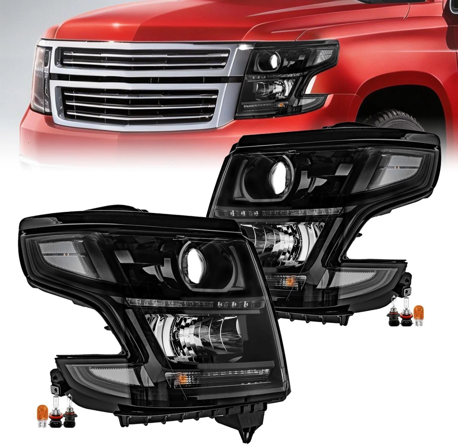 LED DRL Projector Headlights Assembly Compatible with 2015-2020 Chevy Tahoe/Subu