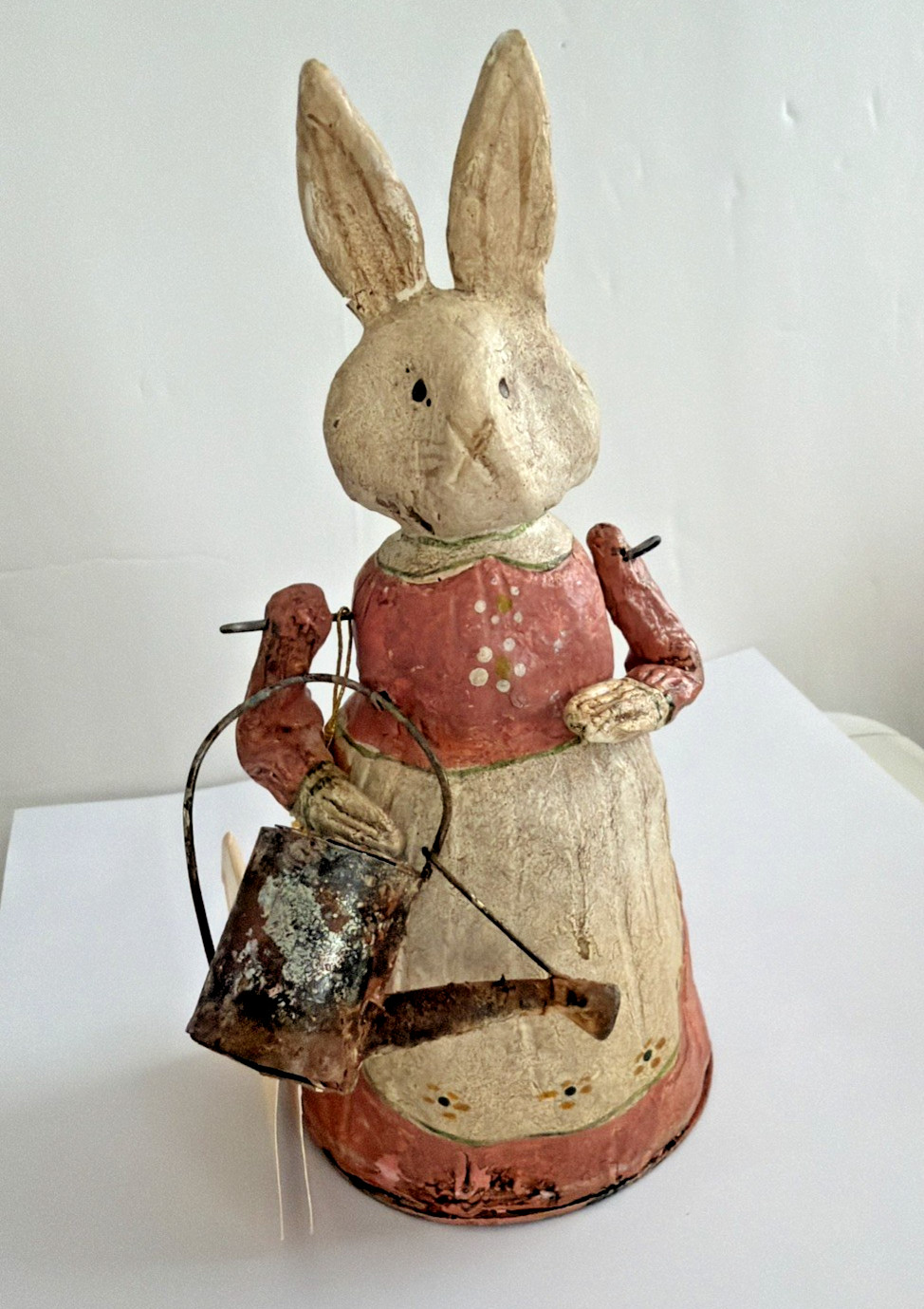 Vintage Poliwoggs Folk Art Jointed Bunny Pink Dress Watering Can Figurine 6\