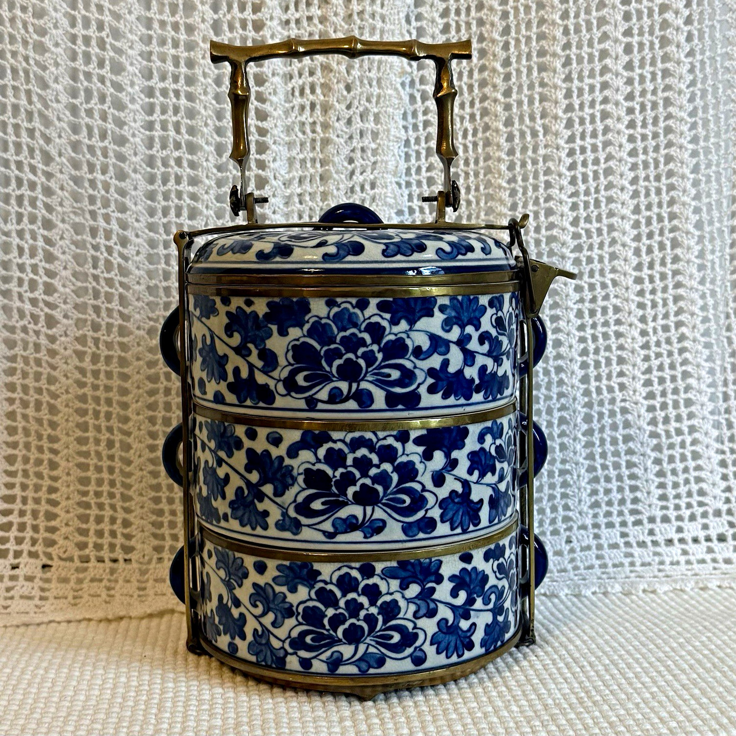 Vintage Brass & Blue White Porcelain Stacking Tiffin Carrier 3 Tier Jubako Box 