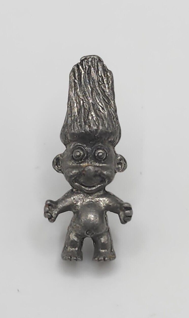 Vintage Troll Doll Figural Spiked Hair Silver Tone Hat Vest Lapel Pin Brooch