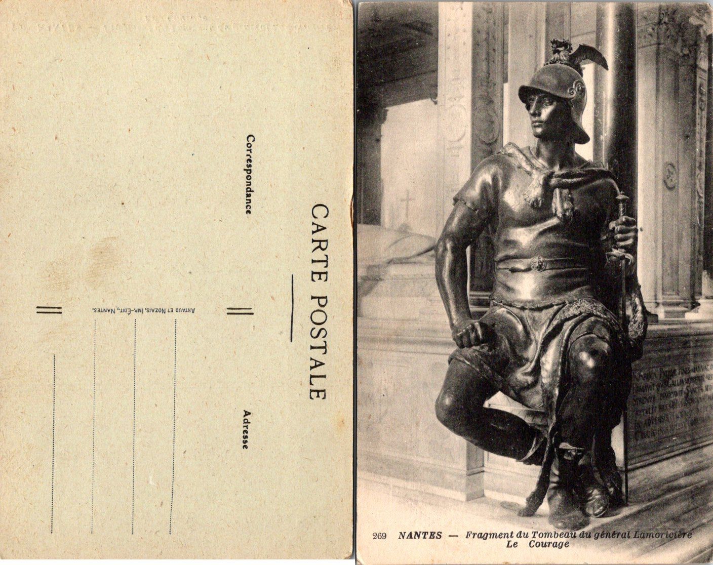Nantes Vintage Postcard 269 Fragment du Tombeau Gen Lamoriciere Le Courage