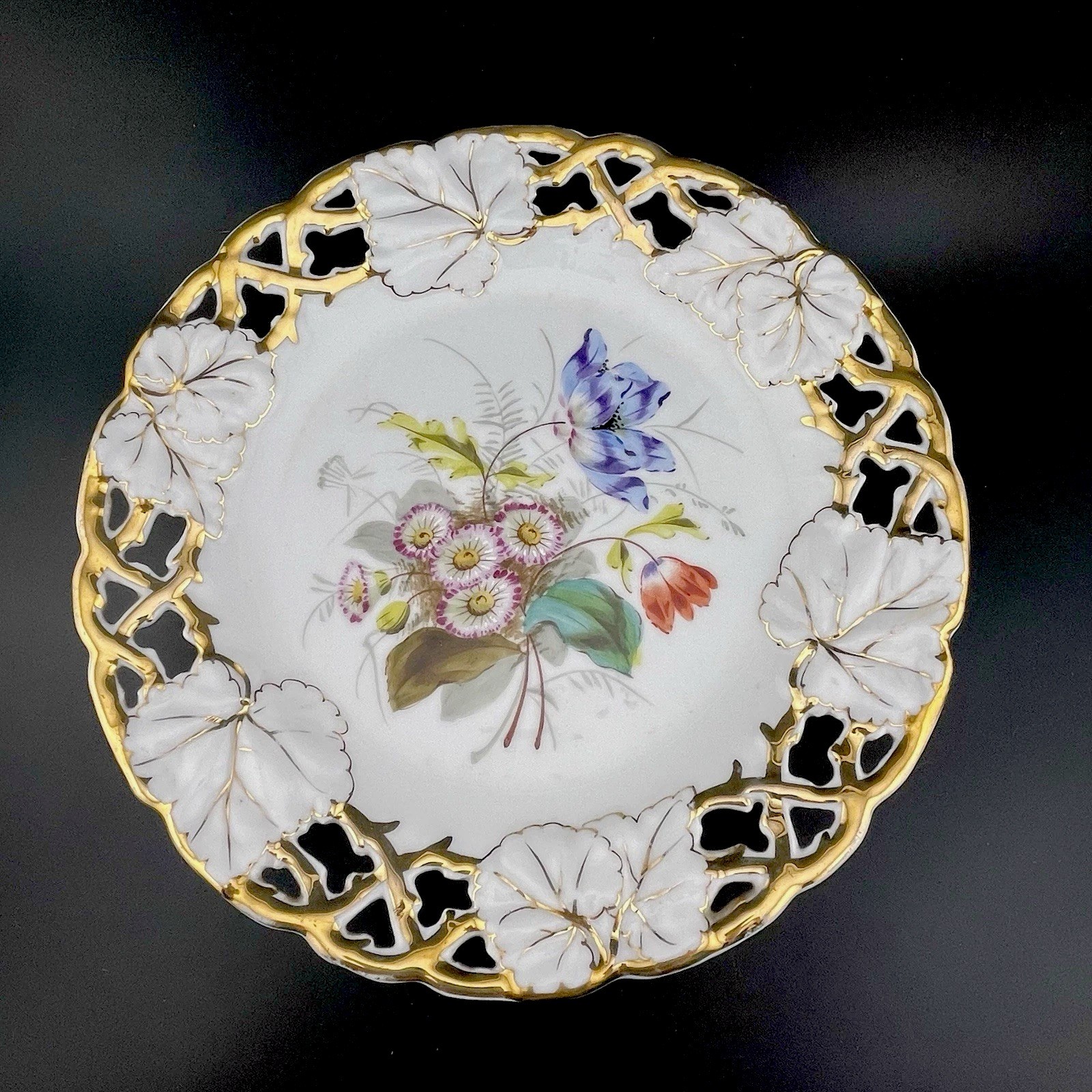 Vintage Carl Tielsch Porcelain Plate Floral Gold Gilt Reticulated Hand-Painted