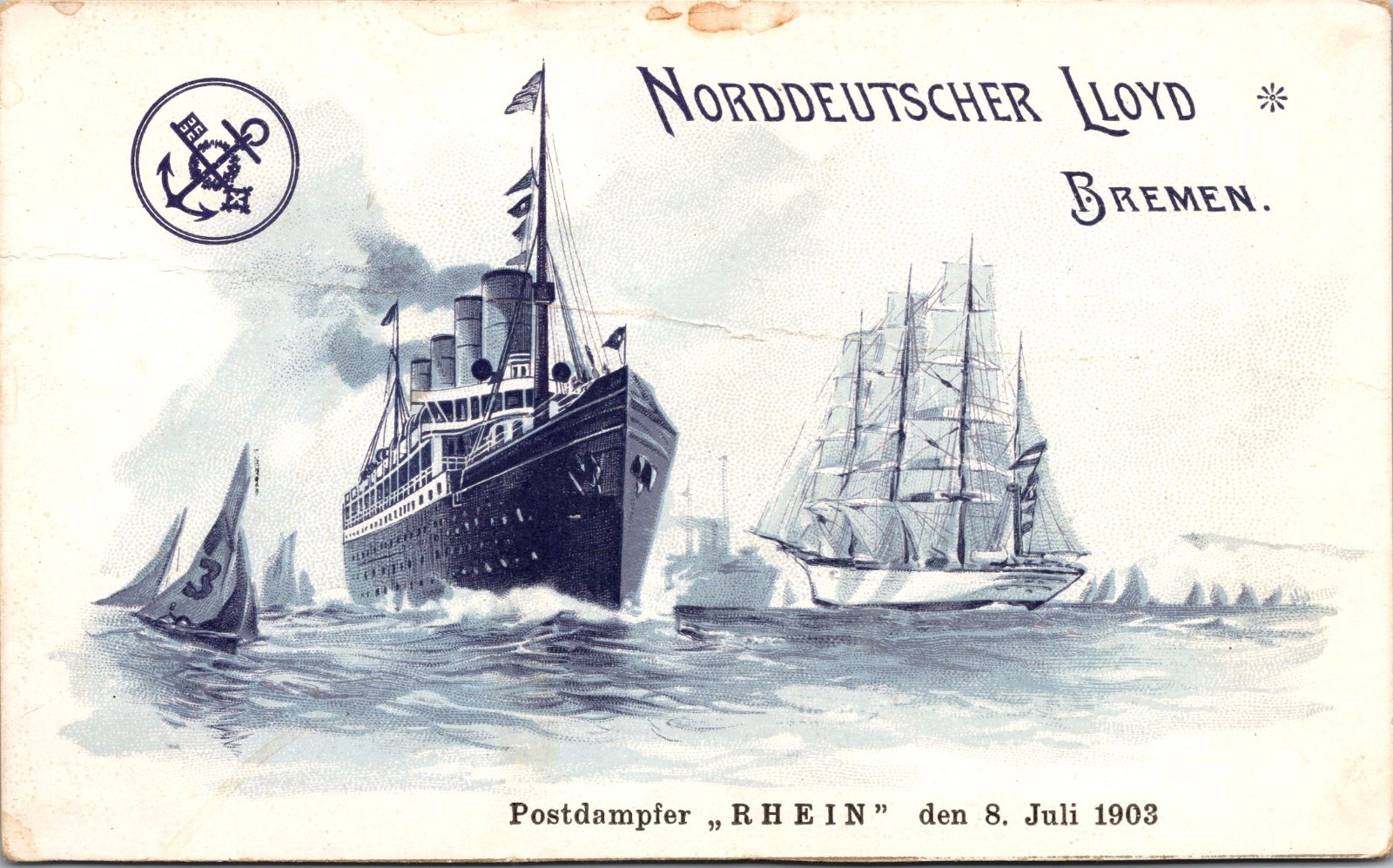 Vintage 1903 Postcard Norddeutscher Lloyd - SS Rhein Mail Steamship Ocean Liner