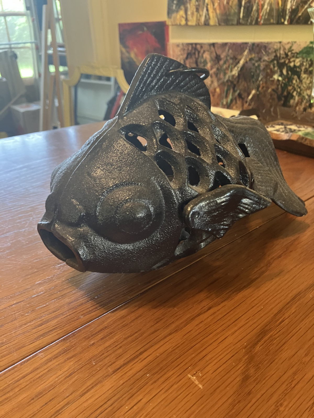 Vintage Heavy Cast Iron Koi Fish Hanging Candle Lantern Votive Holder