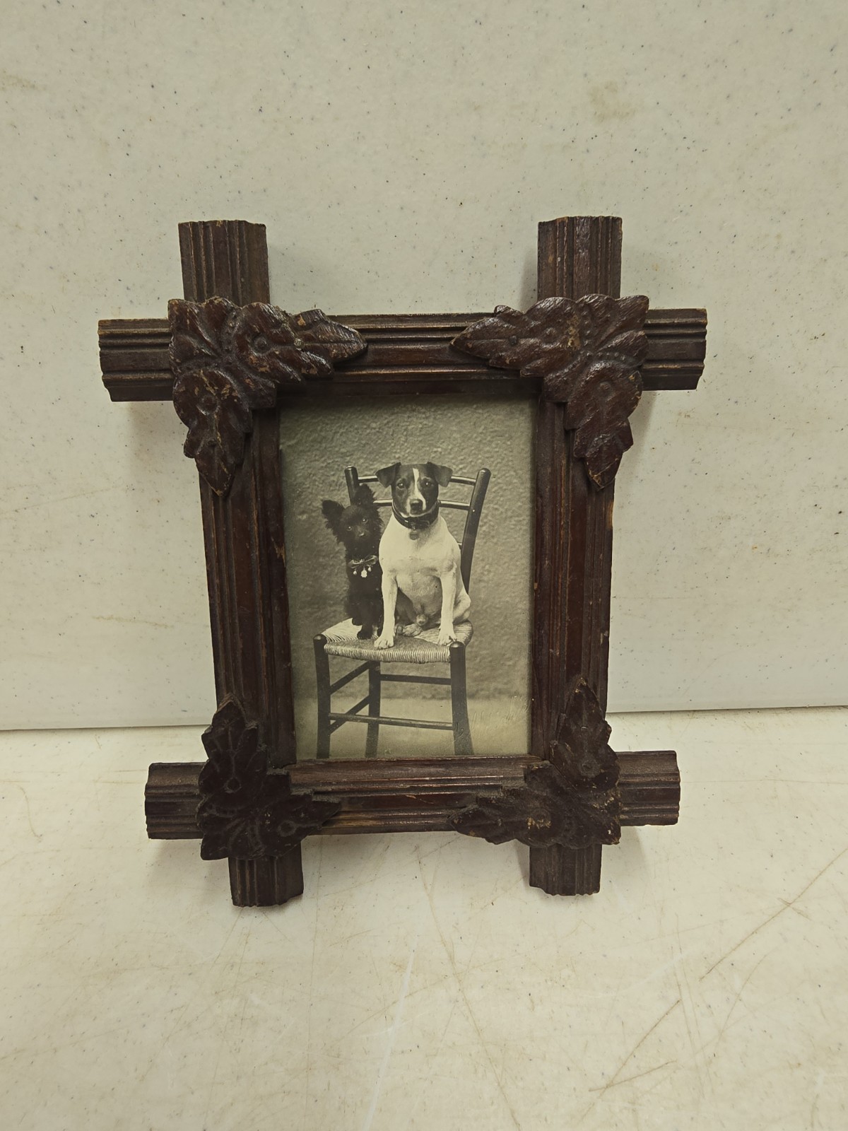 Antique Early 20C Photograph 2 Dogs Jack Russell Terrier Black Forest Wood Frame