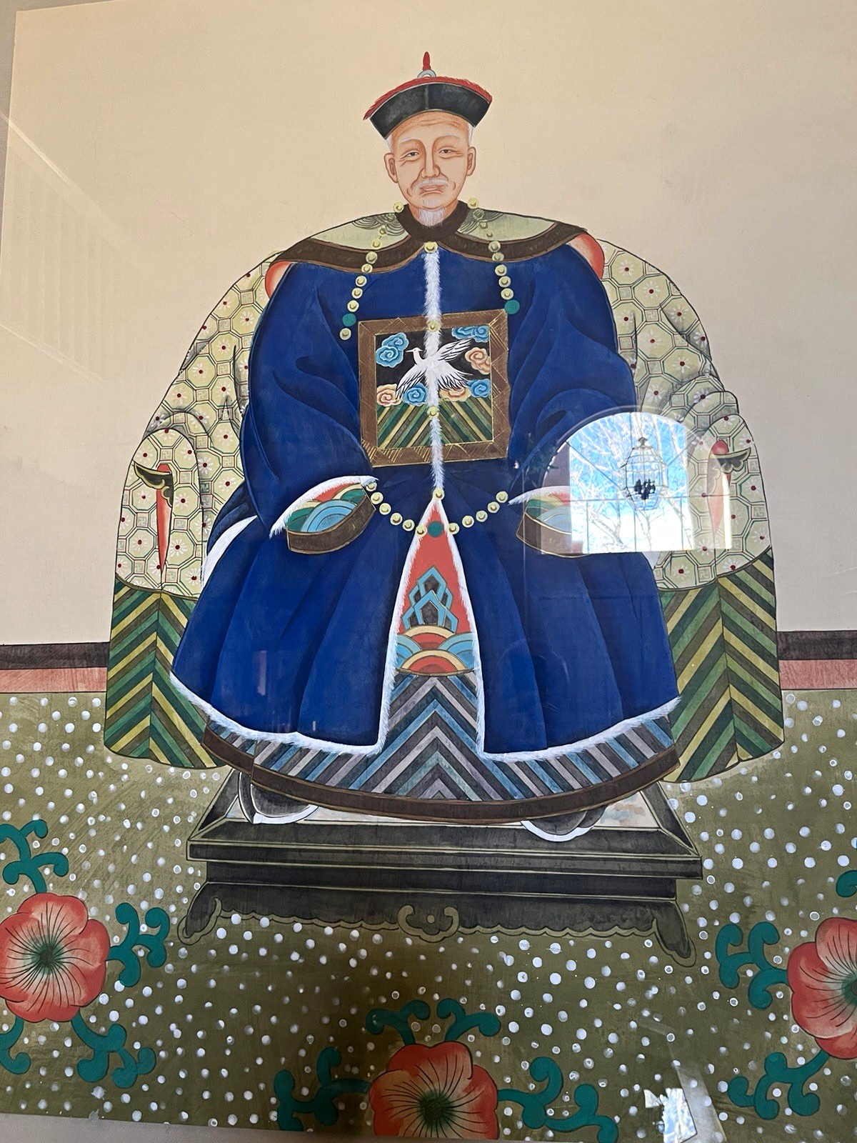 Chinese Qing Official Portrait Artwork, Blue Robe, Framed 5-1/2 feet x 4 feet