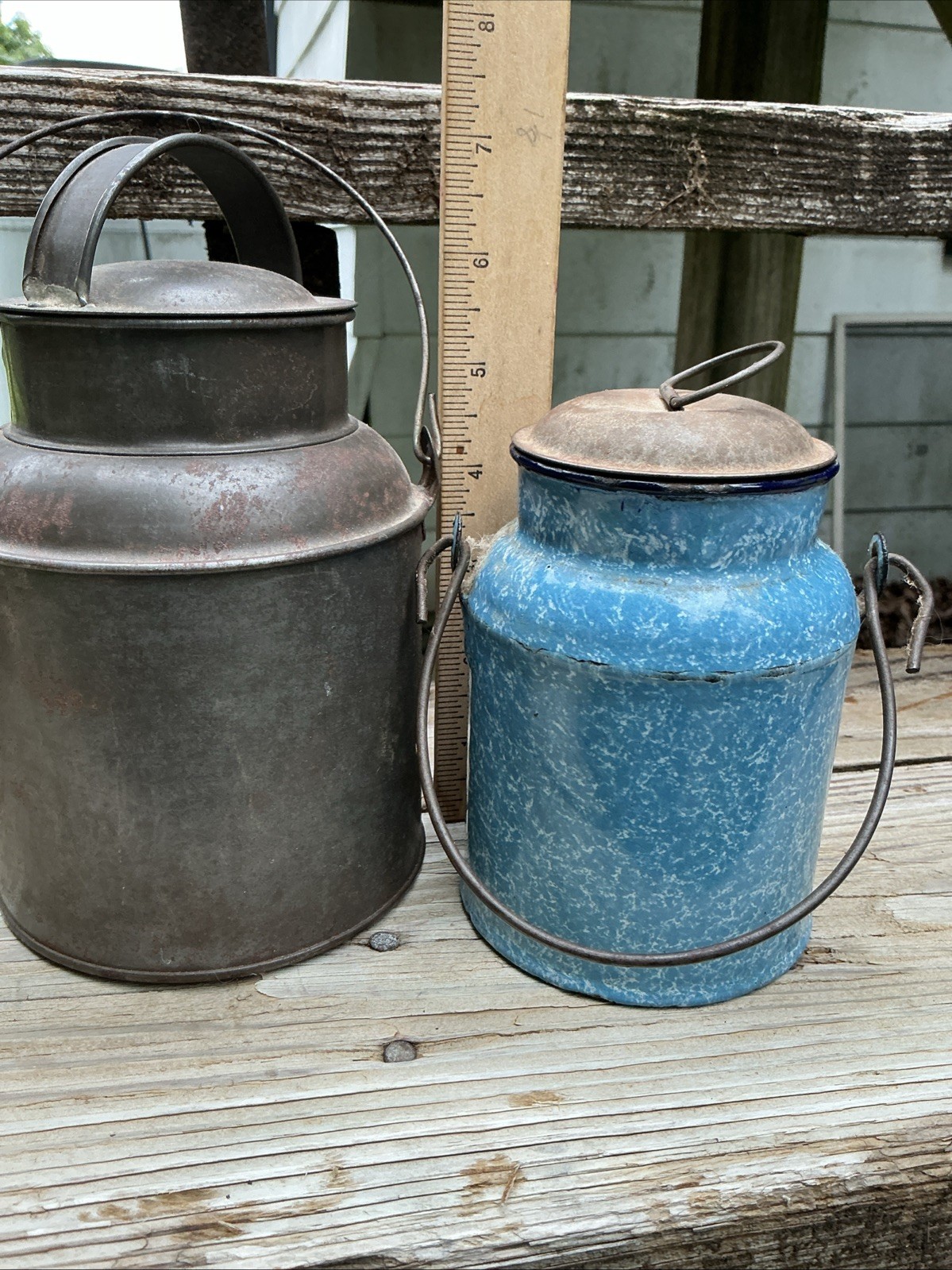 RARE MINIATURE SALESMAN SAMPLE BLUE RELISH CREAM CAN GRANITEWARE ENAMELWARE OLD