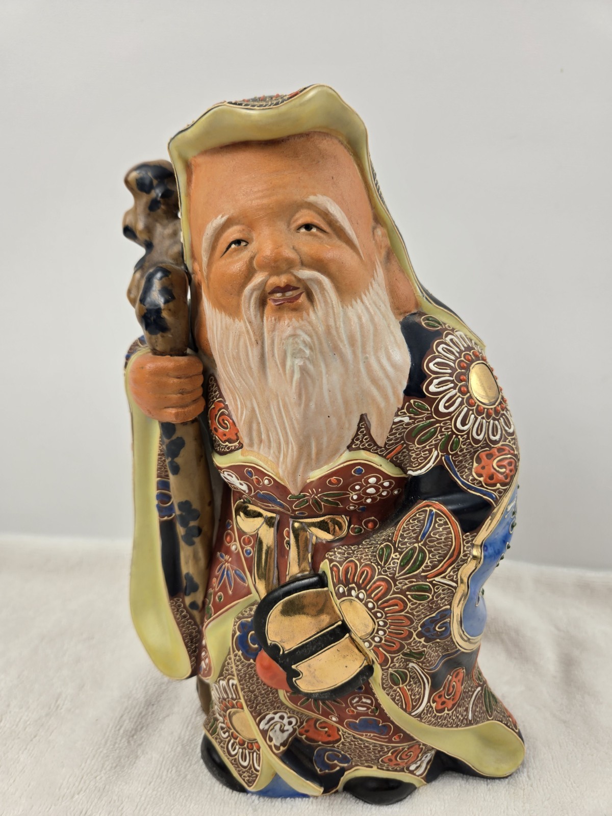 Antique Japanese Kutani Moriage Statue of Jurojin Immortal of Longevity