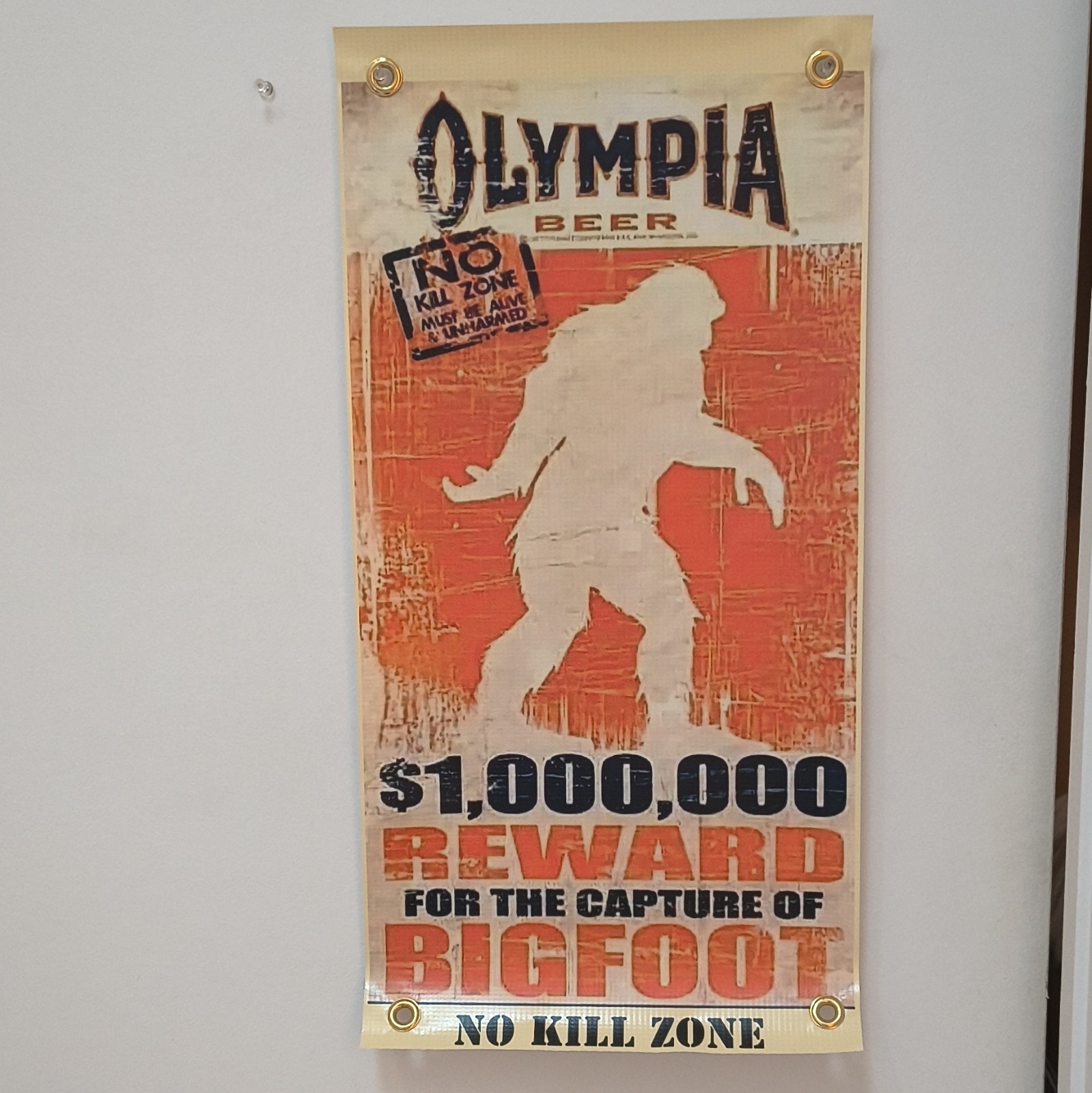 Olympia Beer Bigfoot Hanging Banner $1,000,000 Reward \