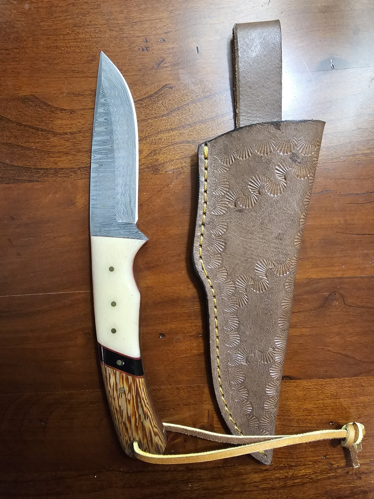 Maurice Jernigan Hand Forged Ladder Damascus Custom Fixed Blade Leather Sheath
