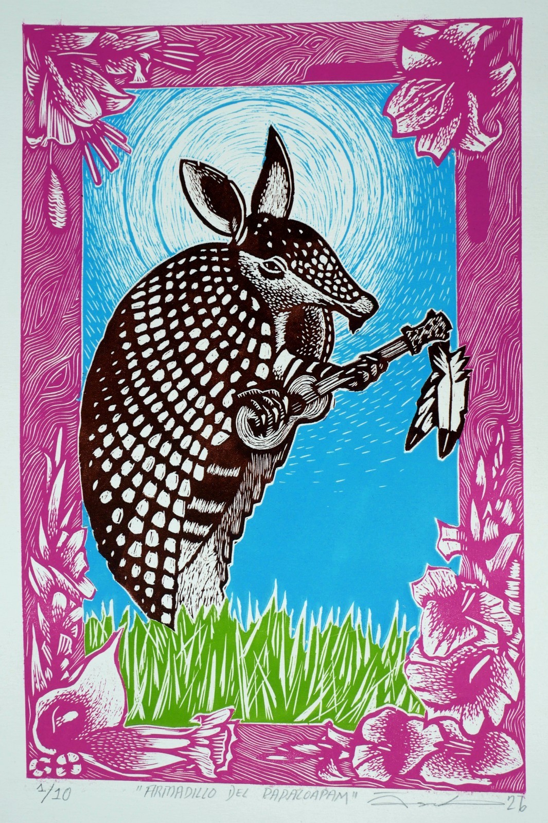 Armadillo & Guitar Woodcut Print Handmade & Printed Not Framed Mexican Folk Art
