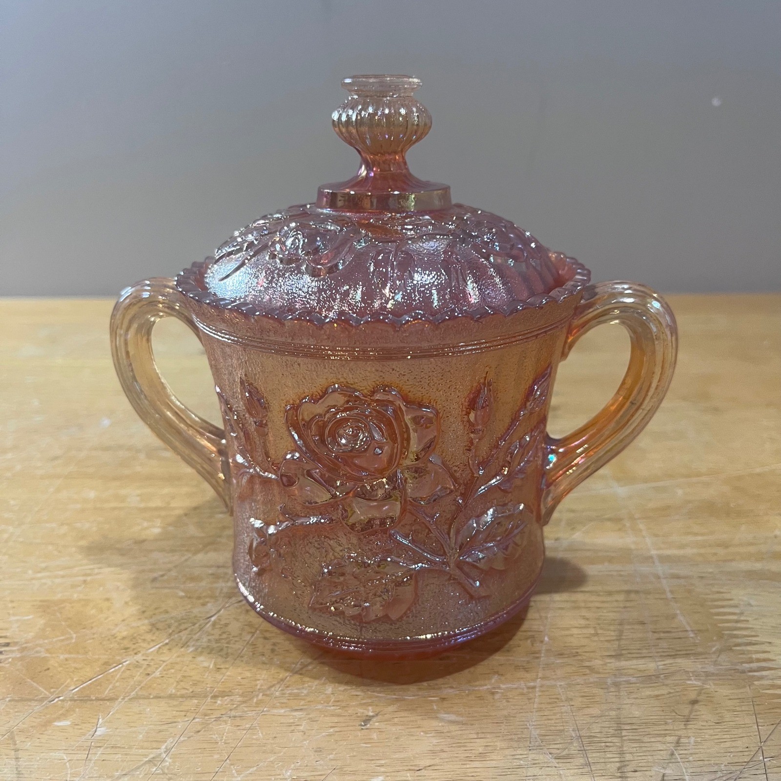 Vtg Imperial Glass Lustre Rose Marigold Carnival Glass Lidded Sugar Bowl Deco
