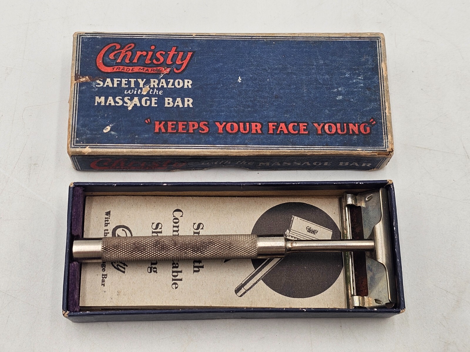 Vintage Christy Safety Razor With Massage Bar In Original Box